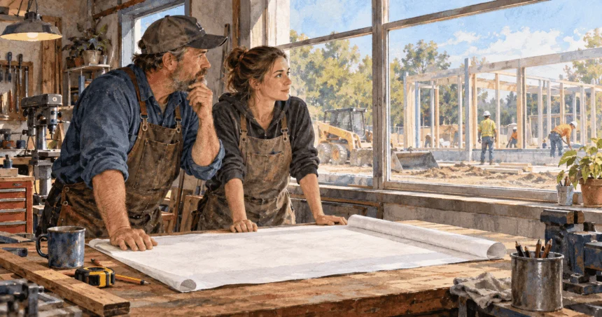 Conceptual painting of a business considering long-term expansion.