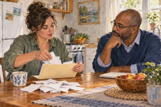 Conceptual painting of a taxpayer sorting blank-backed receipts while another person listens at a kitchen table.