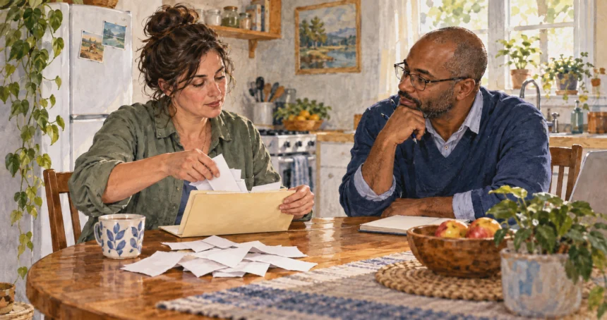 Conceptual painting of a taxpayer sorting blank-backed receipts while another person listens at a kitchen table.