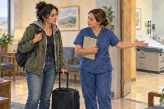 Traveler with suitcase speaking to a clinic navigator in an exam-area waiting room.