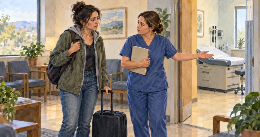 Traveler with suitcase speaking to a clinic navigator in an exam-area waiting room.