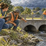 Conceptual watercolor painting of town crew inspects drainage infrastructure before rainy weather.