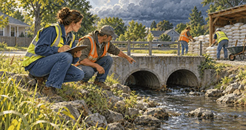 Conceptual watercolor painting of town crew inspects drainage infrastructure before rainy weather.