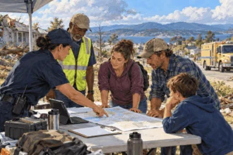 Painted residents and responders discussing a map at a temporary table beside a storm-damaged neighborhood.