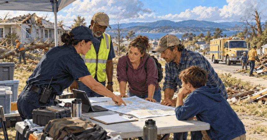Painted residents and responders discussing a map at a temporary table beside a storm-damaged neighborhood.