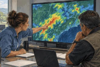 Conceptual painting of a forecaster and emergency manager reviewing an unlabeled rain display.