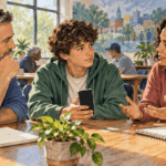 Painted illustration of two parents and a teenager discuss a blank phone at a community-center table, each engaged and credible.