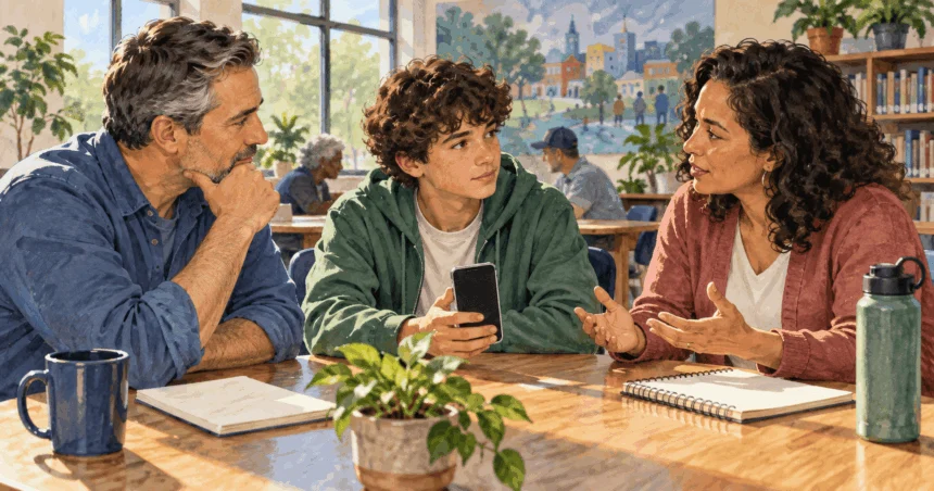 Painted illustration of two parents and a teenager discuss a blank phone at a community-center table, each engaged and credible.