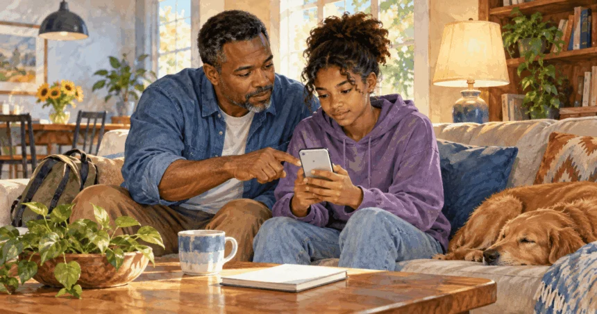 Painted illustration of parent and teen reviewing a phone together at home.