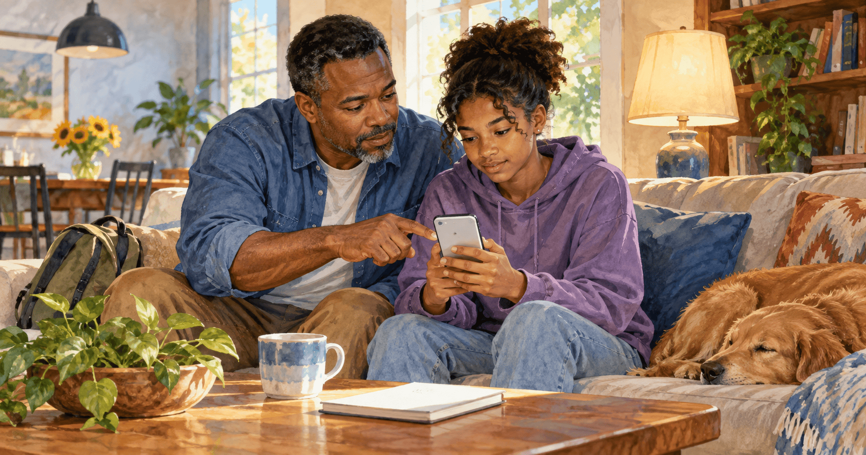 Painted illustration of parent and teen reviewing a phone together at home.