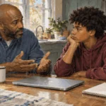 Painted illustration of a parent and teenager talk at a kitchen table with a closed laptop between them, showing a real policy concern without sexualized imagery or a claim that a law has settled the debate.
