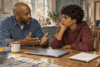 Painted illustration of a parent and teenager talk at a kitchen table with a closed laptop between them, showing a real policy concern without sexualized imagery or a claim that a law has settled the debate.