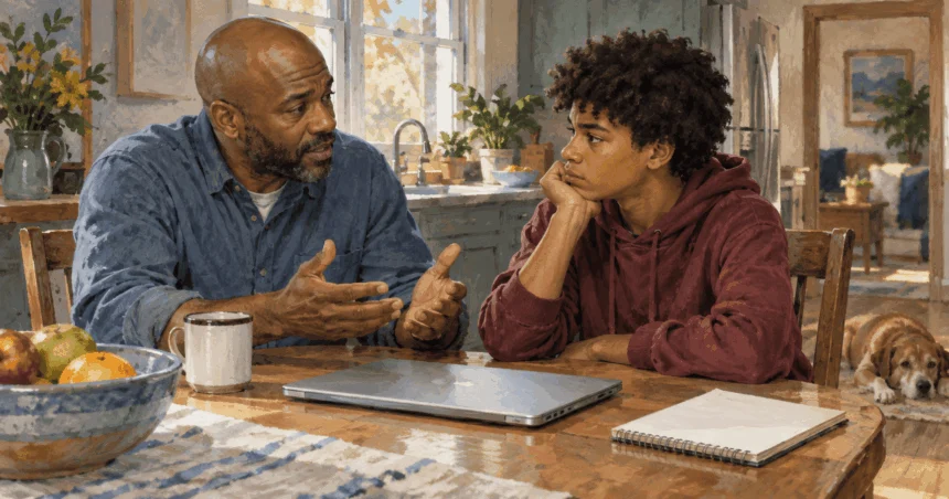 Painted illustration of a parent and teenager talk at a kitchen table with a closed laptop between them, showing a real policy concern without sexualized imagery or a claim that a law has settled the debate.