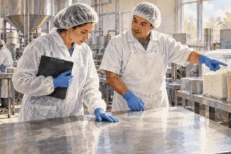 Conceptual watercolor painting of inspector and worker examine a food facility.