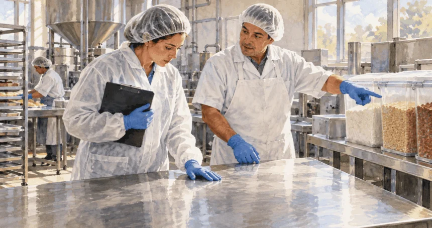 Conceptual watercolor painting of inspector and worker examine a food facility.