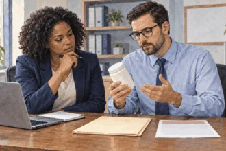 Safety analysts review an unmarked product and two blank notices.