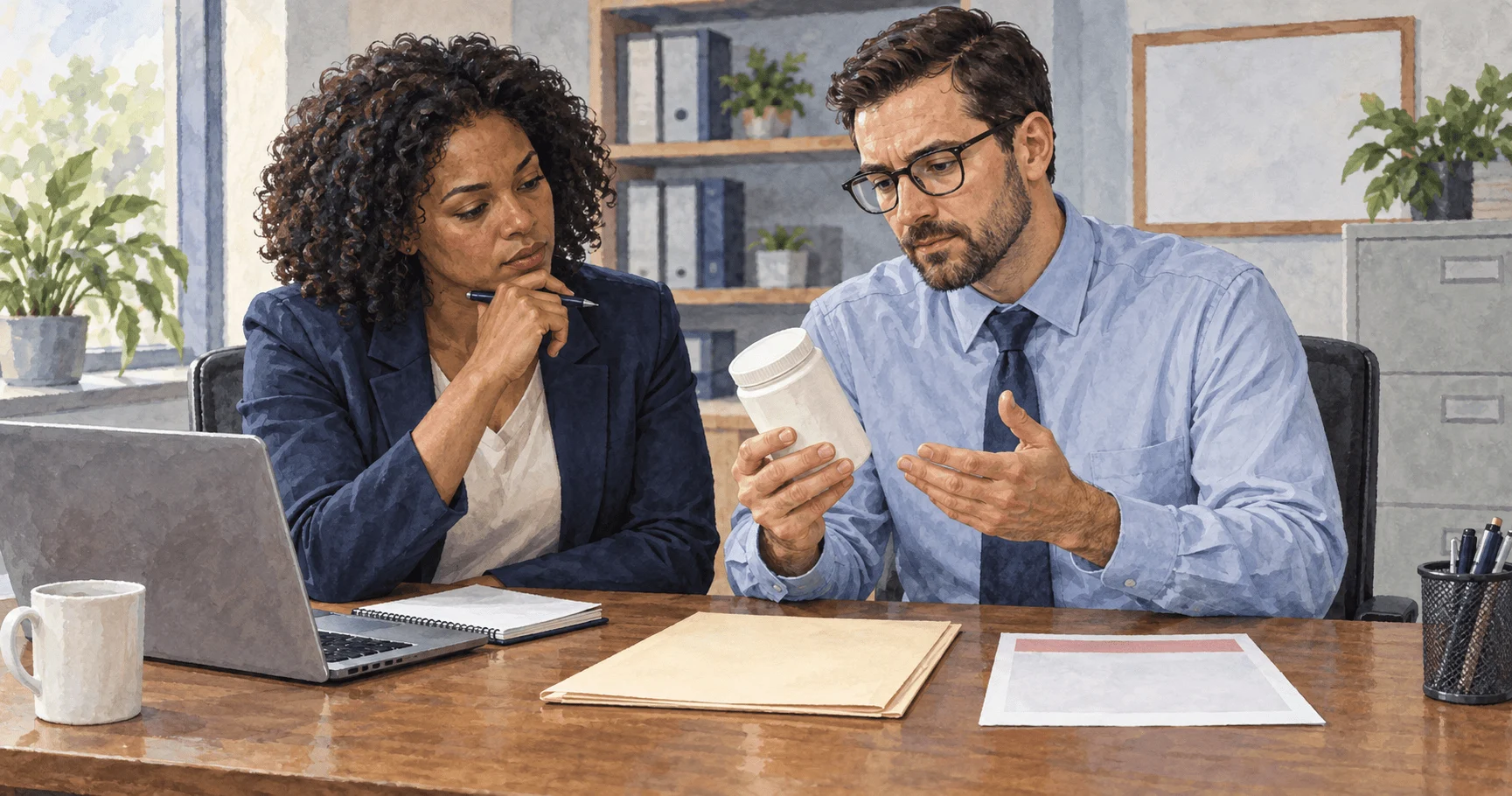 Safety analysts review an unmarked product and two blank notices.