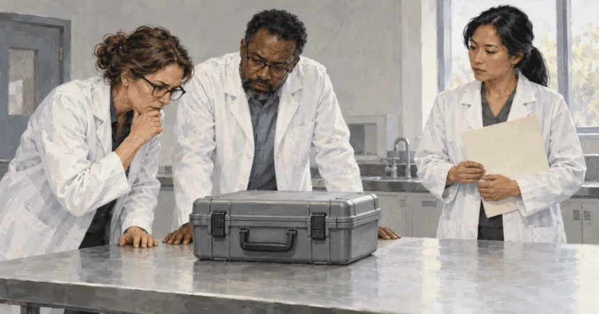 Conceptual painting of regulators reviewing emergency medical-product evidence.