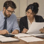 Economic analysts compare household spending records at a worktable.