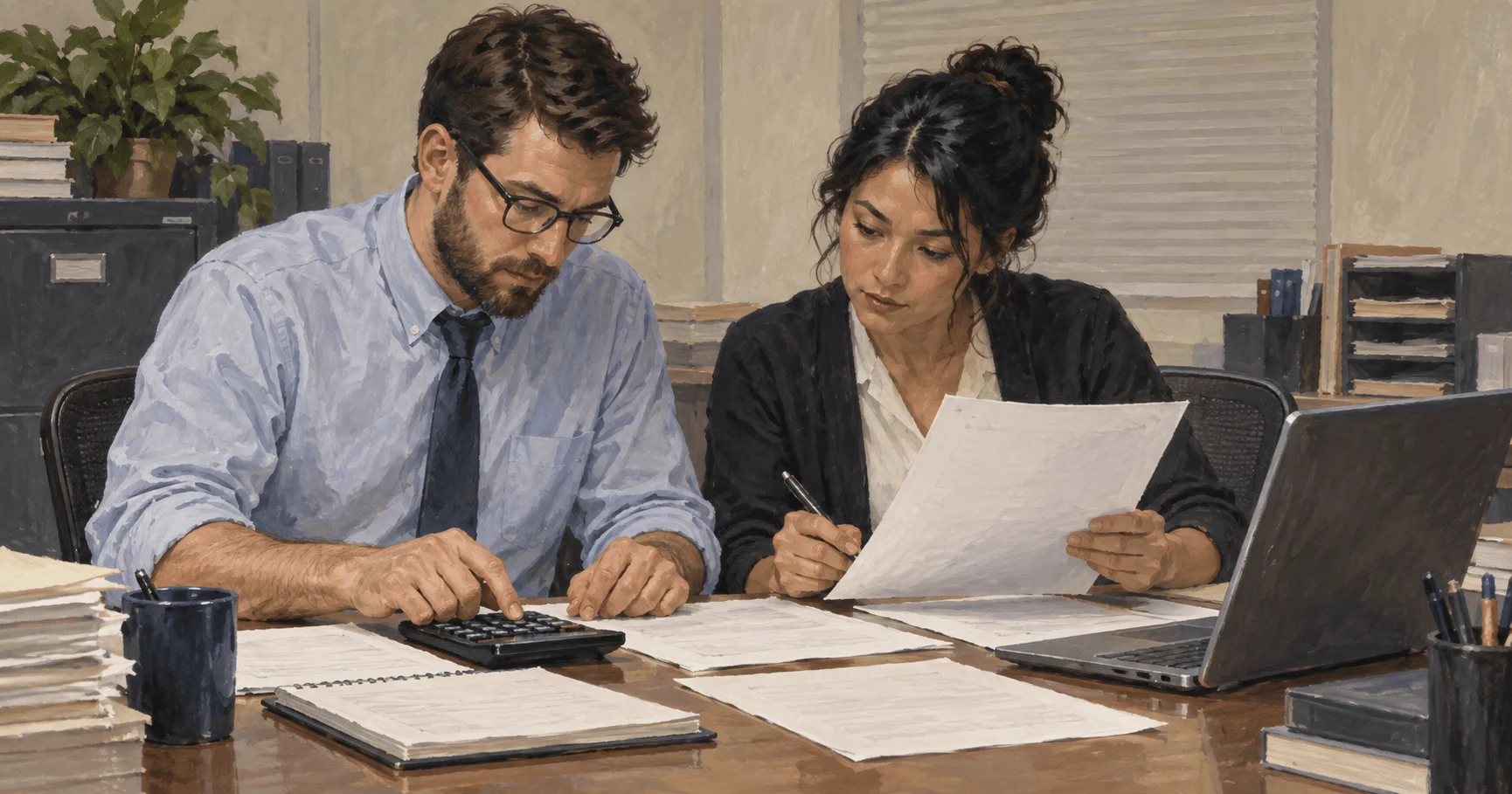 Economic analysts compare household spending records at a worktable.