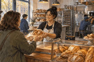 Painted illustration of a bakery worker serving bread while a technician repairs equipment.