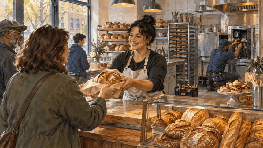Painted illustration of a bakery worker serving bread while a technician repairs equipment.