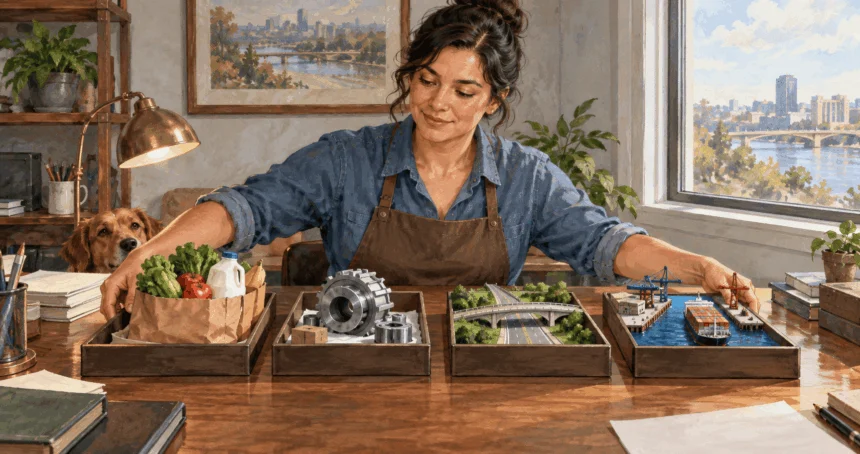 Painted scene of a bookkeeper organizing four distinct types of spending for a GDP calculation.