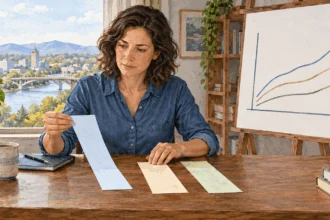 Conceptual watercolor painting of analyst compares income, spending and savings indicators.