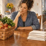 Conceptual painting of a resident looking between a basket of groceries and blank household expense envelopes.
