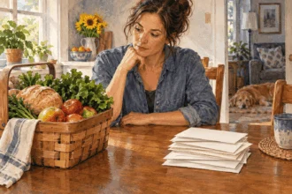 Conceptual painting of a resident looking between a basket of groceries and blank household expense envelopes.