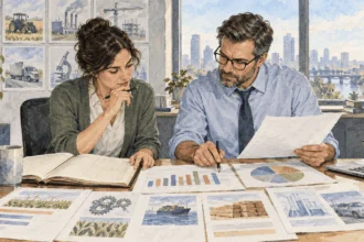 Conceptual painting of analysts measuring corporate profits across industries.