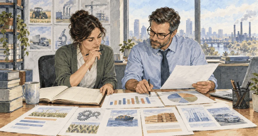 Conceptual painting of analysts measuring corporate profits across industries.