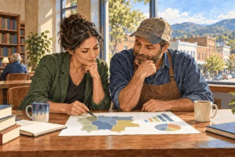 Conceptual painting of neighbors studying regional economic information.