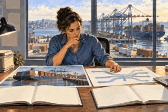 Painted illustration of an analyst studying records of international trade.