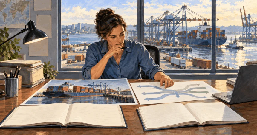 Painted illustration of an analyst studying records of international trade.