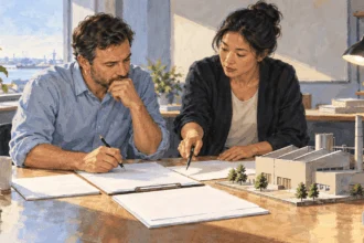 Conceptual painting of analysts studying blank investment surveys beside a factory model.