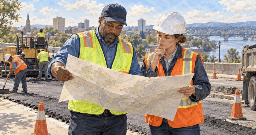 Conceptual watercolor painting of official and engineer consider public investment with map.