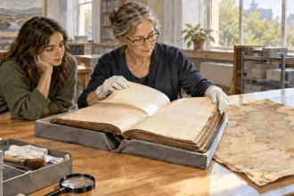Conceptual watercolor painting of archivist opens historical census ledger.