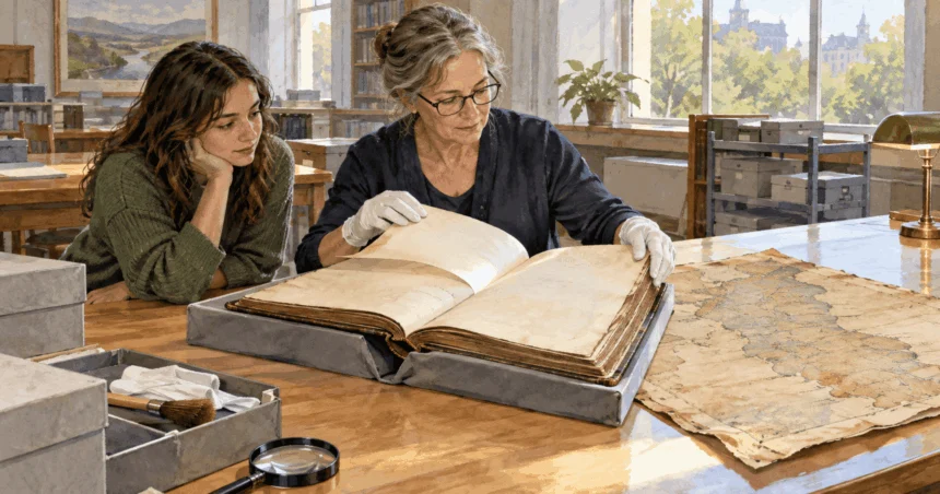 Conceptual watercolor painting of archivist opens historical census ledger.