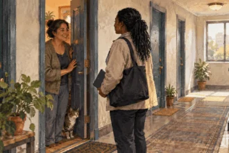 Conceptual painting of a census worker speaking with a resident at an apartment doorway.