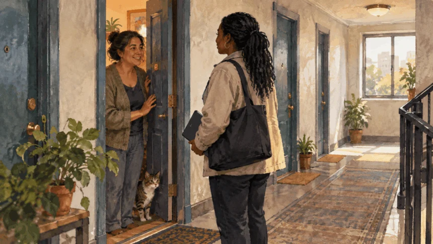Conceptual painting of a census worker speaking with a resident at an apartment doorway.