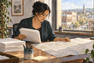 Conceptual painting of a demographer comparing survey forms with a community map.