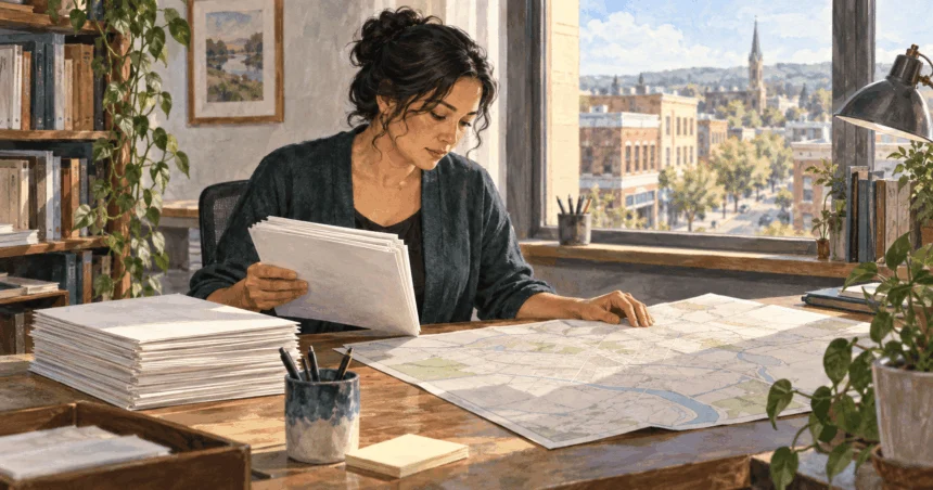Conceptual painting of a demographer comparing survey forms with a community map.