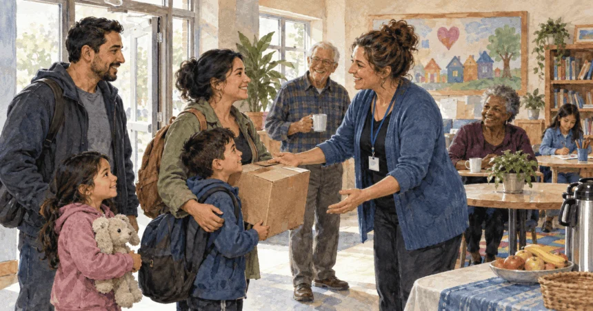 Conceptual painting of a new family joining a changing community.