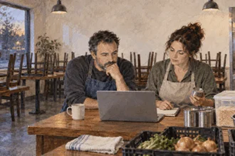 Conceptual painting of business owners preparing an economic survey.