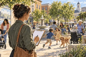 Conceptual painting of a planner observing people of different generations in a public square.