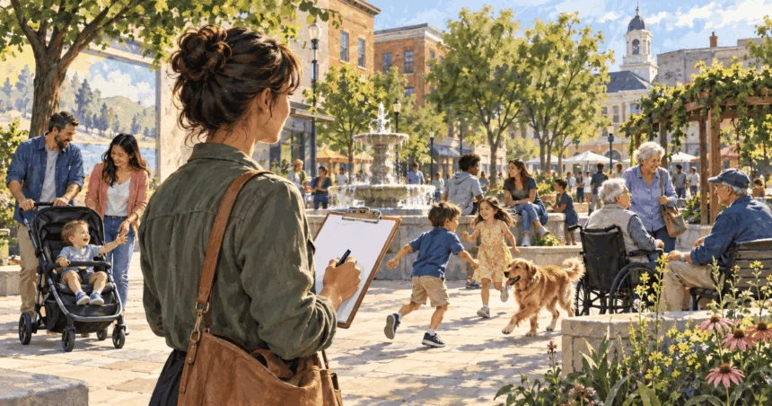 Conceptual painting of a planner observing people of different generations in a public square.