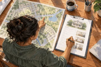 Painted illustration of a planner comparing a neighborhood map with a household questionnaire.