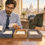 Conceptual watercolor painting of statisticians sorting blank anonymous survey cards.