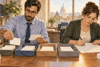 Conceptual watercolor painting of statisticians sorting blank anonymous survey cards.